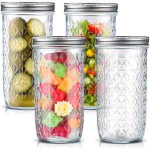 Patelai 24 oz Vintage Mason Jars, 4 Pack Wide Mouth Mason Jars with Airtight Lids, Glass Diamond Texture Canning Storage for Pickling, Fermenting, Storing, Salad Jam DIY Crafts Home Decor