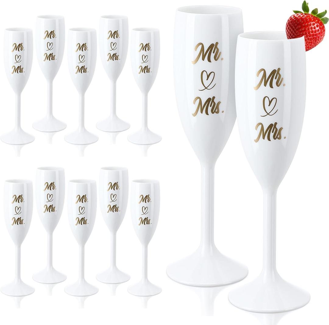 12 Pcs Mr and Mrs Champagne Flutes Bulk for Bridal Party Supplies Acrylic Goblet 5 oz Wine Glasses Toasting Drinking High Stem Unbreakable Reusable Plastic Cups for Wedding Bridal Party