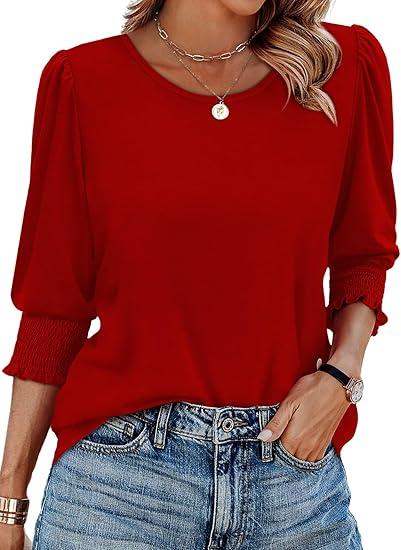XIEERDUO Blouses for Women Dressy Casual 3/4 Length Sleeve Womens Tops with Smocked Cuffs, Size: S