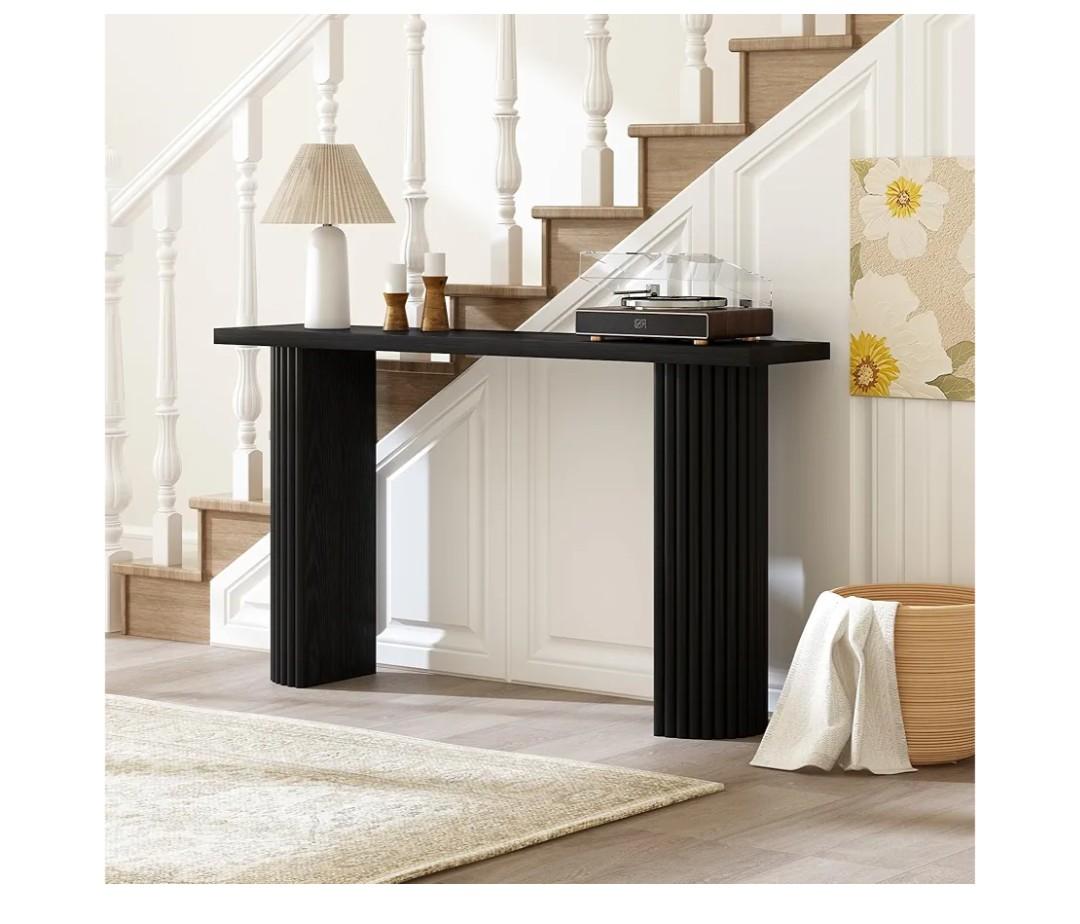 Fluted Solid Wood Console Table - 55 Inches Mid Century Modern Foyer Table, Entryway Hallway Minimalist Sofa Table, Half Round Legs, Black