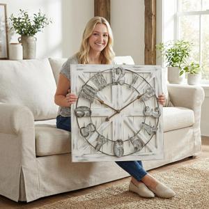 EMAX HOME Large Farmhouse Wall Clock 24 Inch White Square Rustic Wooden Clock with Decorative Reversible Wooden Sign, Perfect for Any Space and Ideal Gift