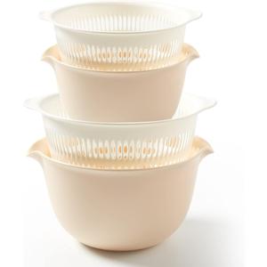 2 in 1 Kitchen Colander Set with Bowl Strainer (2 Sets 3 Qt), BPA Free Plastic Fruits and Vegetable Washing Basket, Dishwasher Friendly Double Layered Drain Basin, for Pasta Salad Berry Cleaning Mixing (Cream)