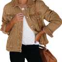 luvamia Jean Jacket Women Trendy Texture Distressed Button Down Long Sleeves Casual Trucker Denim Jackets with Pockets (Medium, Pecan Brown)