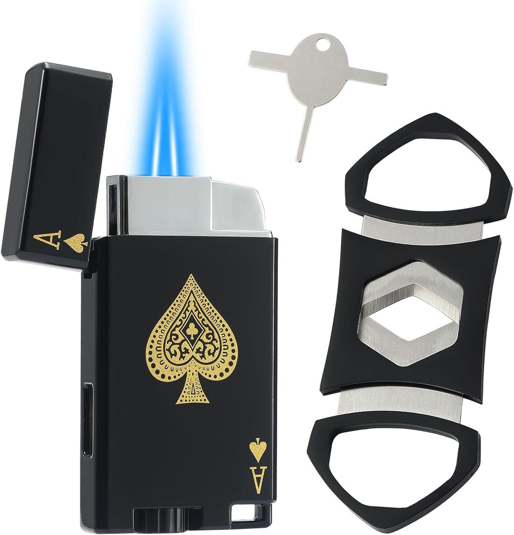 Lighter and Cutter Set, Adjustable Double Jet Flame Butane Torch Lighter with Protect Cover, Refillable Windproof Lighter with Keyhole, Gifts for Men, Black(Sold Without Gas)