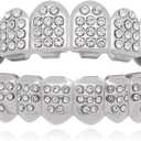 LuReen 14k Gold 6 Teeth Grillz Hip Hop Joker Diamond Top & Bottom Teeth Caps Grillz Set for Teeth Rapper Halloween Costume Cosplay (Silver)