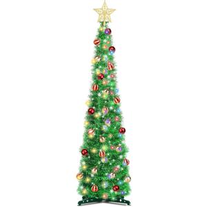 Dual Color Change & Timer 5 Ft Green Pop Up Christmas Tree with DIY 60 Warm & Multicolor Lights 4 Modes Tinsel Pencil Christmas Slim Tree with Star 25 Ball Ornament Xmas Decoration Home Indoor Holiday