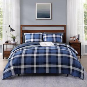 MaiRve Queen Size Plaid Comforter Set Indigo Blue, Classic Checkered 7 Pieces Farmhouse Bedding Set, All Season Lightweight Bed in A Bag with Sheets, Pillowcases & Shams