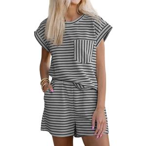 Tankaneo Womens 2 Piece Short Sets Striped Summer Outfits Cap Sleeve Tops and Elastic Waist Lounge Matching Set (Small, Grey)