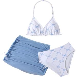 Verdusa Girl's 3 Piece Cute Swimsuit Bow Bikini Set Halter Triangle High Waisted Bathing Suit with Cover Up (Blue and White, for 10Years)