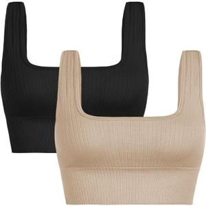 INIBUD Women's Sports Bra Padded Workout Set Crop Tank Tops Bralette Ribbed Seamless Gym Longline (Medium, Black+beige)