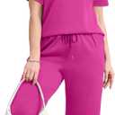 WIHOLL Two Piece Sets for Women Summer Spring Travel Vacation Outfits Short Sleeve Lounge Sets Side Slit Wide Leg Pants (Pink, L)