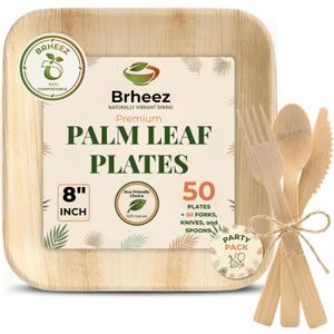 Brheez Bamboo Plates 8 inch with Cutlery: 50 Plates + 50 Forks + 50 Knives + 50 Spoons | Bamboo Plates Disposable Palm Leaf Plates |Eco Compostable Biodegradable Plates 200 peice set