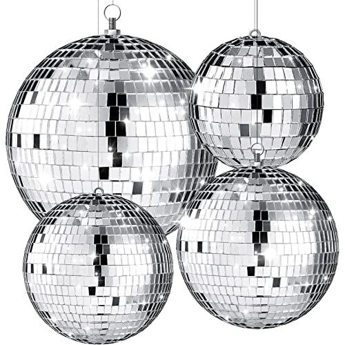 4 Pcs Large Disco Ball Decor - Silver Hanging Mirror Disco Balls Ornament for Stage Club Prom Props 70s Weddings Dance Music Birthday(12, 8, 6, 4 Inch)