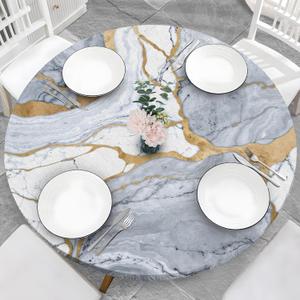 Marble Grain 48 Inch Round Fitted Cloth Tablecloth with Elastic Edged, Waterproof Oil Proof Wipeable Table Cover for Indoor Outdoor Patio Table, Fits Round Tables Up to 46" - 50" Diameter