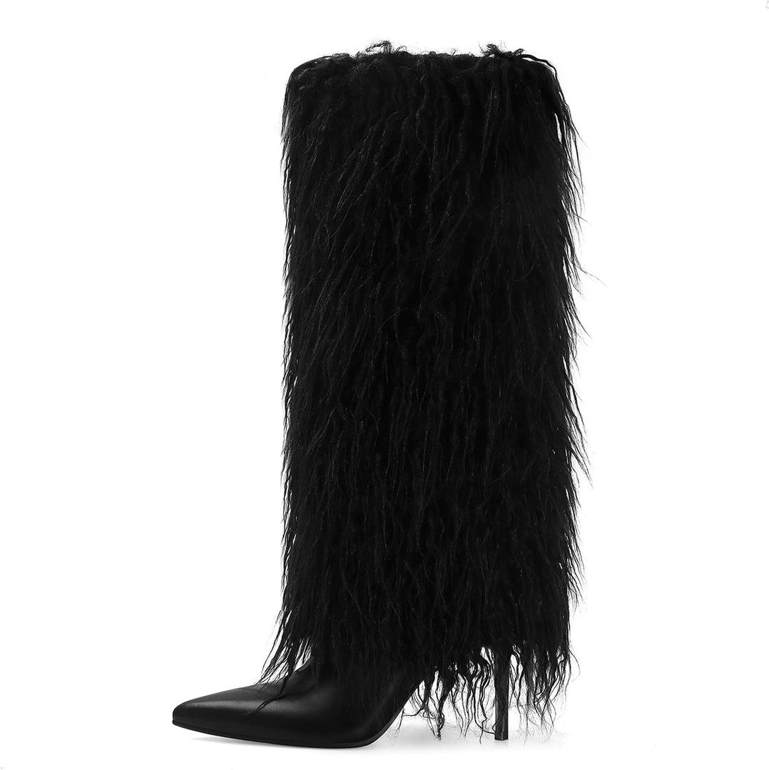 Fur Knee High Boots for Women Pointed Toe Stiletto Heel Fold Over Tall Boots Fashion Wide Calf Long Booties (Black)Size: 7