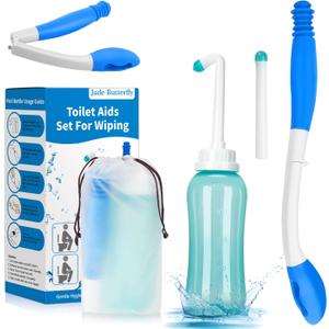Foldable Toilet Aids Set for Wiping  2PCS Personal Hygiene Kit with Collapsible Butt Wiper Tool & Dual-Nozzle Peri Bottle , Wiping Aid for Post-Surgery Recovery, Elderly and Travel Use (Blue, Ultra)