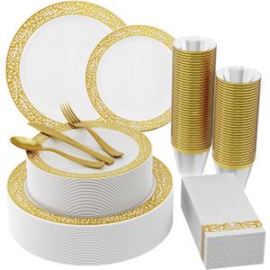 210 Count Gold Plastic Dinnerware, Gold Disposable Plates, Includes: 30 Dinner & 30 Dessert Plates & 30 Cups & 30 Paper Napkins & 30 Plastic Silverware Set -for Thanksgiving, Christmas, Parties