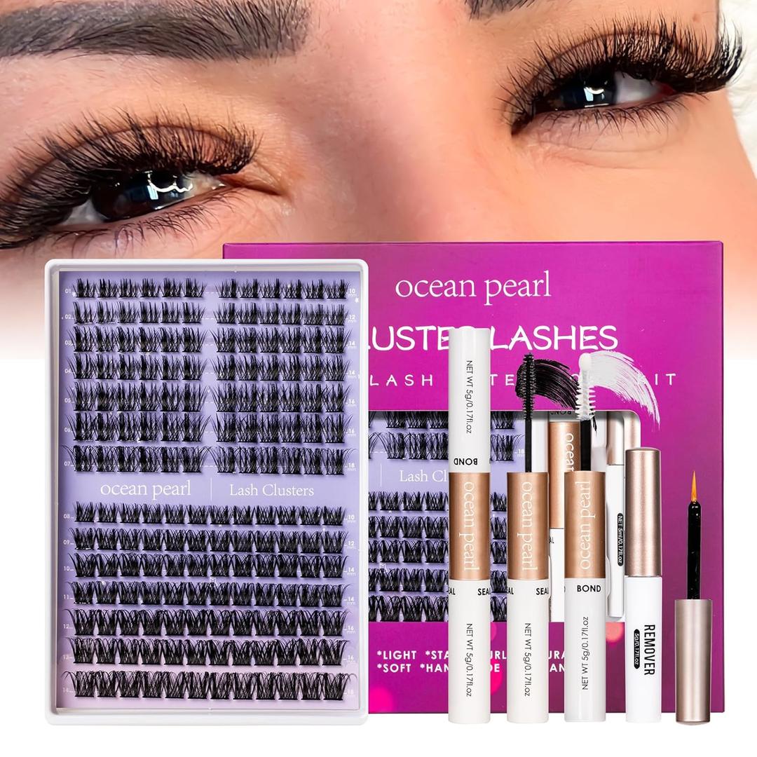 Ocean Pearl Lash Clusters Kit 168pcs,10-18mm manga/anime-inspired lashes clusters,spike-effect cluster lashes, Eyelashes,DIY Cluster Eyelash Extensions kit with lash bond+seal+remover+tweezers-M37+M30