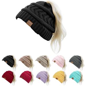 Pukavt 1&2 Pack Winter Hat Ponytail Beanie Hat for Women, Soft Stretch Cable Knit Messy Bun Beeanie,Trendy Gifts for Women (Black)