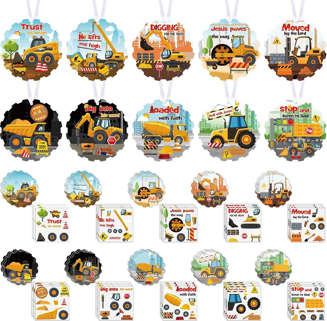 30 Sets Christian Crafts Construction Vehicle Stickers Bulk DIY Religious Sunday School Jesus Bible VBS Craft Ornaments for Summer Back to School Gifts Transportation Car Truck Party Favors