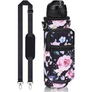 Fimibuke 32 oz Water Bottle with Sleeve - BPA Free Leakproof Sport Large 1L Plastic Motivational Water Bottle with Straw Strap & Insulated Neoprene Holder Carrier Bag Great Xmas Gift for Women Men