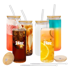 6 Pack 24oz Drinking Glasses Iced Coffee Cups Can Tumbler Glasses with Bamboo Lids and Straws Tumbler Glasses Cups Can Shaped Glass Gups Large Drinking Can Cups for Boba Smoothies Soda Juice Tea