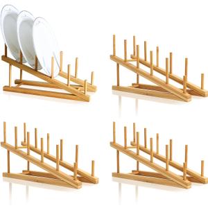 4 Pcs Wooden Dish Drying Rack, Bamboo Plate Dish Rack Stand for Kitchen Cabinet, Cabinet Cutting Board Display Stand for Dishes Plate Bowl Water Bottles Cup Pot Lid Cutting Board