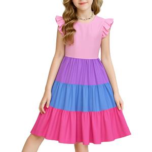 LQSZ Girls Summer Dresses with Ruffle Short Sleeve Midi Casual A-Line Twirly School Sundress Size 3-12 Years (6-7 Years)