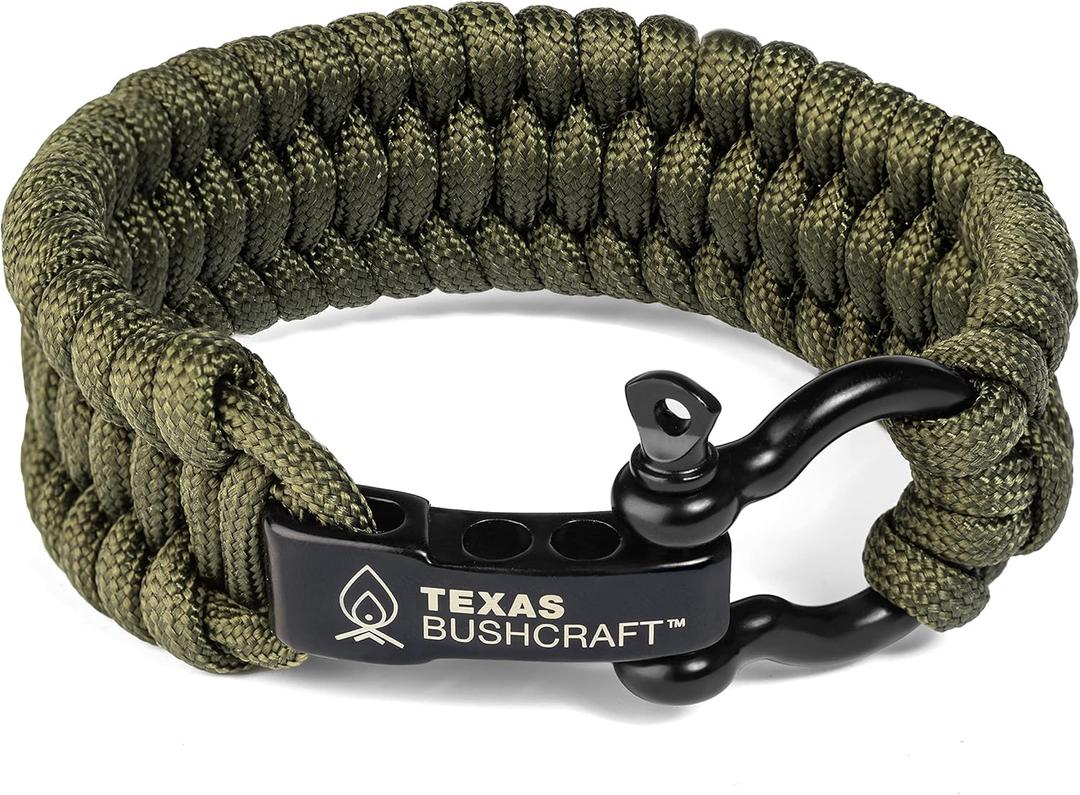 Texas Bushcraft Firecraft Cord Survival Bracelet  Paracord Bracelet with Bow Shackle for Camping and Emergency  3 Extra Strands Include Wax Thread, Tinder, and Fishing Line (L (7-8" wrist), Army Green)