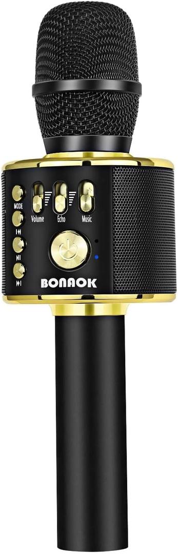 BONAOK Wireless Bluetooth Karaoke Microphone, 3-in-1 Portable Handheld Mic Speaker Machine for All Smartphones, Gifts to Girls Boys Kids Adults All Age Q37 (Black/Gold)