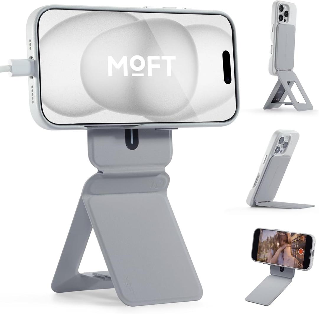MOFT Phone Tripod Stand Selfie Stick for iPhone, Multi-Angles iPhone Stand, Lightweight & Portable Phone Holder, Strong Magnets, MOVAS Vegan Leather, Travel Essentials, Cement (Without Card Slot)