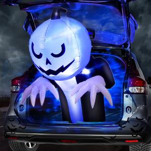 3.6 Ft Halloween Trunk or Treat Pumpkin Ghost Inflatable Car Decorations with Rotating Blue Lights Blow Up Halloween Car Decoration Outdoor Garden Lawn Yard Decor