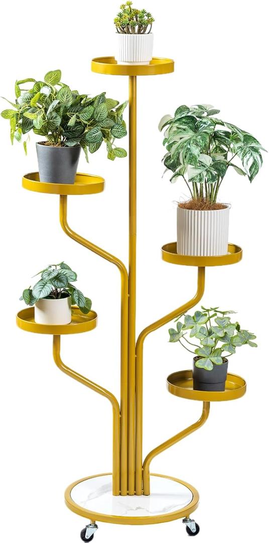 CHPHI 5 Tier Indoor Plant Stand Wrought Iron, Tall Metal Plant Stand with Wheels, Metal Rolling Plant Shelf with 5 Trays, Multi-tier Rolling Display Stand for Home and Office(Gold)