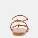 Riekhany Strappy Flat Sandals for Women Summer Round Toe Metal Bead Flip Flop Sildes with Ankle Buckle Strap Beach Flats Shoes (Brown)