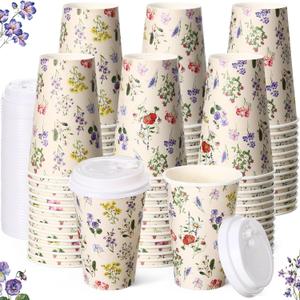 100 Pieces Vintage Floral Disposable Paper Cups with 120 Lids 12oz Coffee Wildflower Coffee Cups for Spring Floral Themed Birthday Party Women Girls Bridal Wedding Tea Party Baby Shower