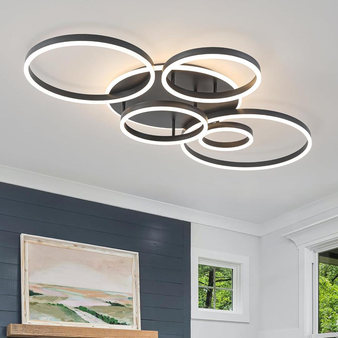 O'NEELDY Black Flush Mount Ceiling Light Dimmable Dining Room Light Fixture Round 6 Rings Modern LED Ceiling Light with Remote Control 47" Kitchen Lighting Fixture Ceiling Lamp for Living Room, Bedroom