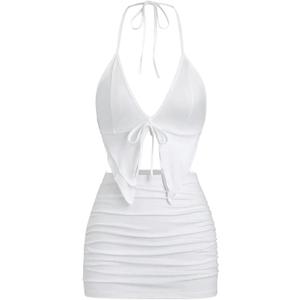 SHENHE Women's Y2k 2 Piece Sexy Outfits Backless Halter Crop Top and Ruched Bodycon Mini Skirt Set (Large, White)