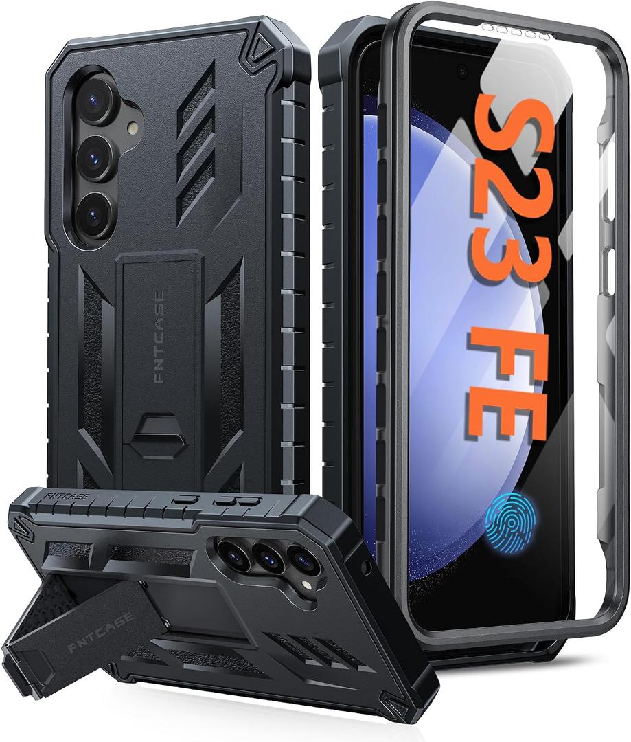 FNTCASE for Samsung Galaxy S23-FE Case: Military Grade Protective Hard Phone Case with Kickstand | Screen Protector | Shockproof TPU Full Protection Drop Proof Phone Cover for Galaxy S23 FE 5G Black