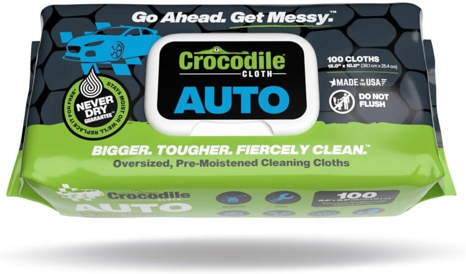 Crocodile Cloth Auto Cleaning Wipes  100 XL (15" x 10") Disposable Wipes for Car Engine Degreasing, Body Detailing & Tire Cleaning  Cuts Grease, Oil, Adhesives on Hands, Tools, Parts & More