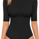 MANGOPOP Women's Half Sleeve Crew Neck Bodysuit 3/4 Sleeve Body Suit Slim Fit Going Out Tops Medium, Black 