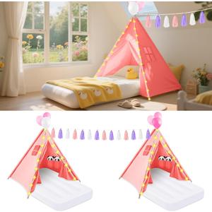PLULON 2 Pack Teepee Tent for Kids Girl Slumber Party Tent Bulk Kids Sleepover with Inflatable Airbed and Decor Play Pink Indoor Teepee for Girls Boys
