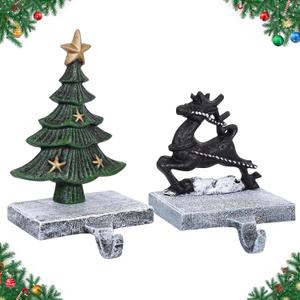 Christmas Stocking Holders for Mantle - Set of 2 Heavy Duty Cast Iron Stocking Hangers with Non-Slip Base | Exquisite 3D Xmas Tree, Reindeer Mantel Hook for Fireplace Decoration Holiday Gifts