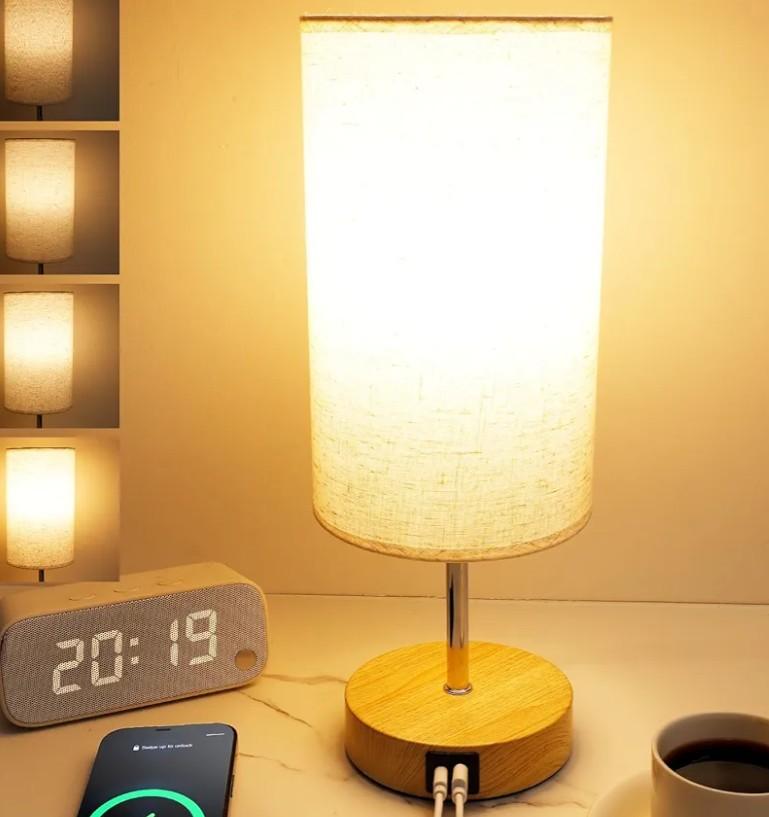 UNIFUN Bedside Table Lamp for Bedroom - 4 Way Dimmable Touch Lamp with USB and Type-C Charge Port, Small Wood Base Round Flaxen Fabric Shade Lamp Living Room,Bedroom Use(Yellow Color Base)