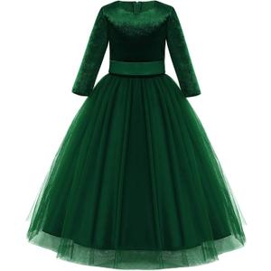Girls Mesh Tutu Dress Velvet Ruffle Tulle Party Toddler Princess Gown Vintage Christmas Birthday Party Green 13-14 Years
