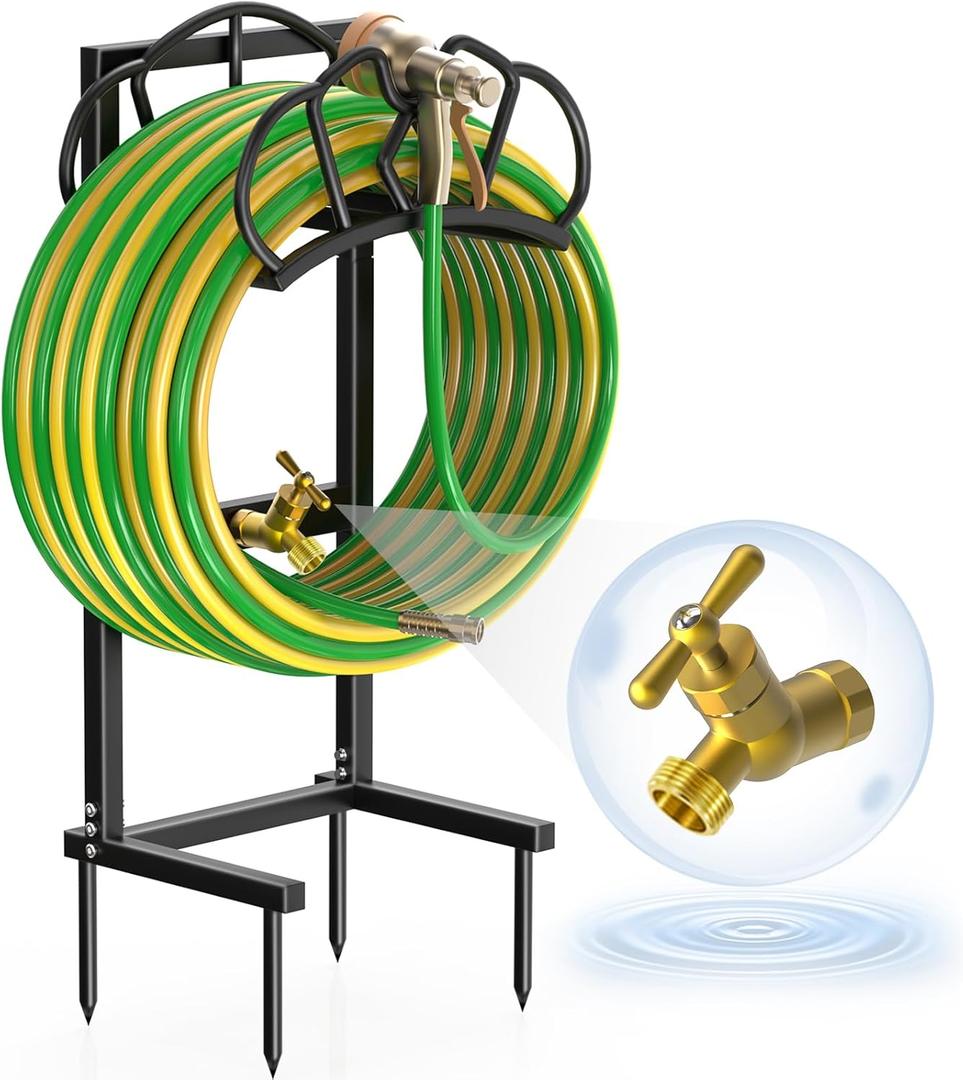 Garden Hose Holder with Faucet, Super Stable Water Hose Holder Stand Holds 160-Feet Hoses, Freestanding Detachable Hose Storage Hanger Reels Rack for Yard Lawn Farm