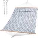 SUNCREAT Double Quilted Hammock with Hardwood Spreader Bar, Extra Large Soft Pillow, Heavy Duty 2 Person Hammock for Indoor, Outdoor, Grey Pattern,  Maximum Weight 475 pounds