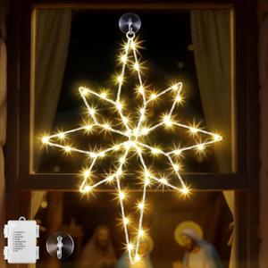 Hiboom 24 Large Christmas Window Light Decorations, 8 Modes Christmas Bethlehem Star Window Silhouette Lights with Timer, LED lamp Beads, Iron Frame, Battery Operated Xmas Holiday Decors(1 Pack)