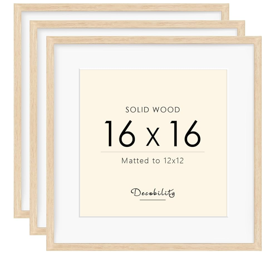 16x16 Picture Frame Made with Solid Wood Set of 3, Display 12x12 with Mat or 16x16 without Mat, Wall Gallery Frame Set for Tabletop or Wall Mounting Display, (3 Pack of Oak)