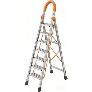 7 Step Folding Ladder, Portable Sturdy Steel Ladder, Heavy-Duty Step Stool with Anti-Slip Pedal and Handrails for Home & Kitchen Use