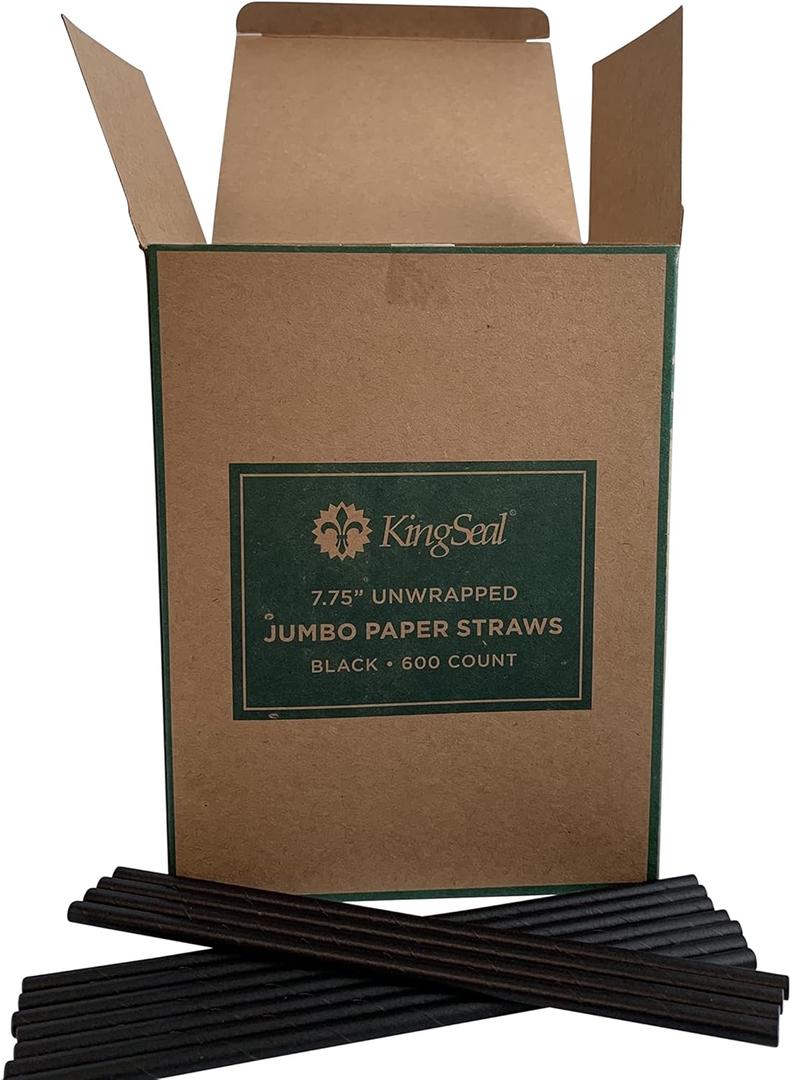 600 Count | Kingseal FSC Certified Disposable Paper Drinking Straws, BLACK, Unwrapped, 7.75 inch Length x 0.6mm diameter, "Jumbo" Size, Biodegradable, Earth Friendly, Bulk Pack - 600 Straws per Box